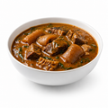 A white ceramic bowl filled with a rich, orange-brown stew containing chunks of meat, plantains, and green herbs, set against a clean white background.
