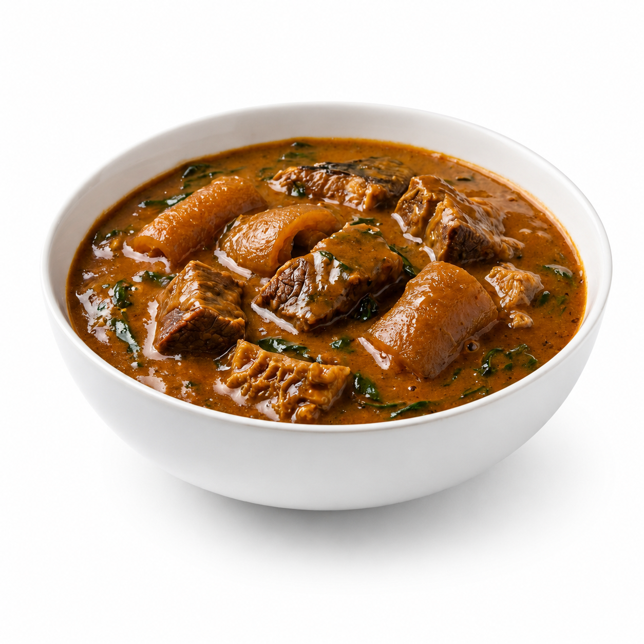A white ceramic bowl filled with a rich, orange-brown stew containing chunks of meat, plantains, and green herbs, set against a clean white background.