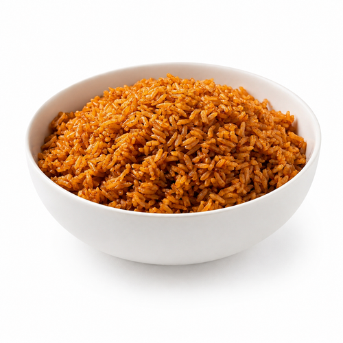 A white ceramic bowl filled with cooked orange-brown rice, photographed on a clean white background.