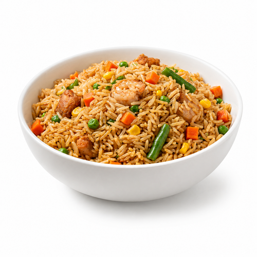 A white ceramic bowl filled with fried rice containing shrimp, green beans, peas, and diced carrots, set against a plain white background.