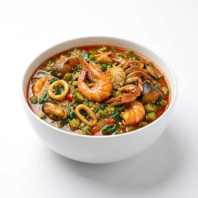 A white ceramic bowl filled with a seafood stew containing shrimp, squid rings, mussels, and green beans in a reddish-brown broth, set against a clean white background.