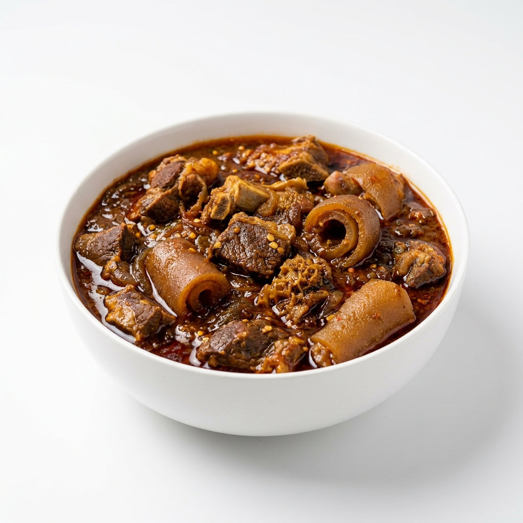 A white ceramic bowl filled with a rich, dark reddish-brown braised meat dish containing beef chunks and curled pieces of gizzard or similar soft tissue, set against a clean white background.