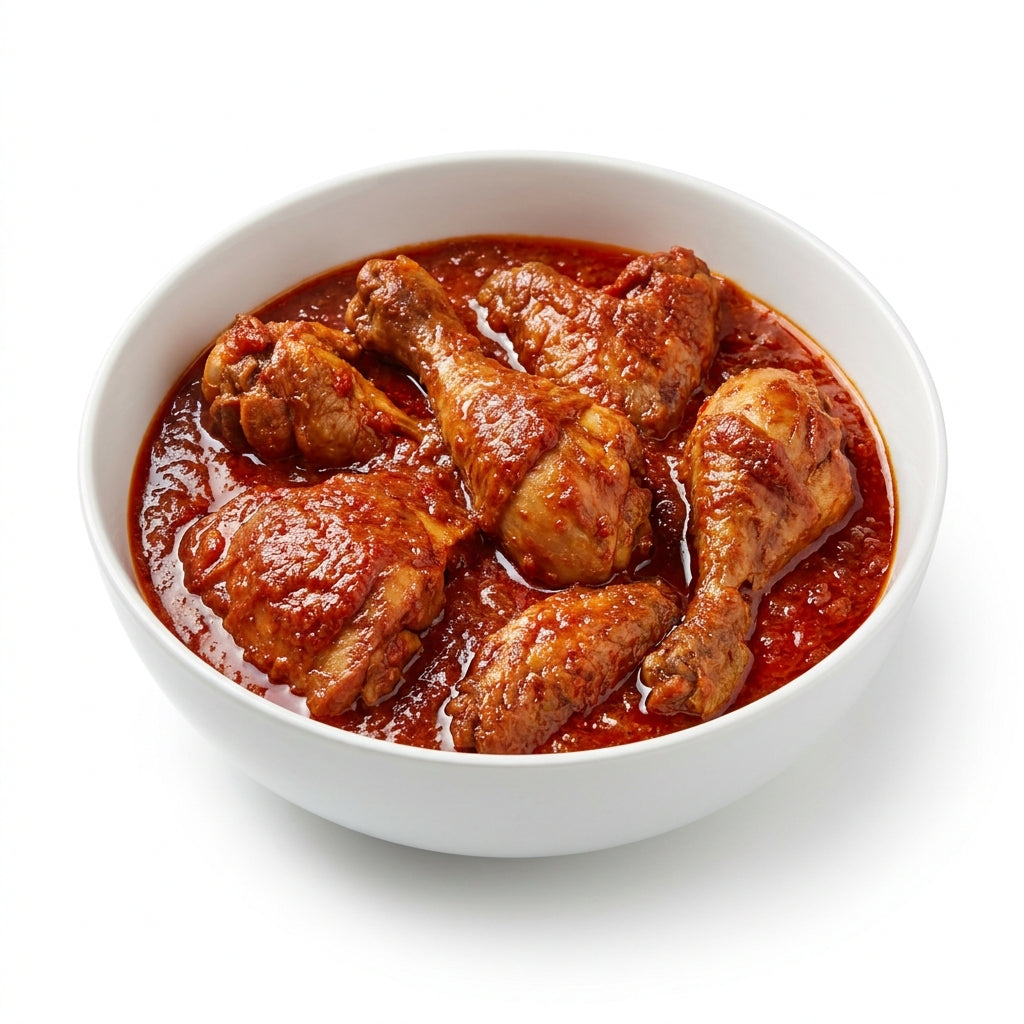 A white ceramic bowl filled with cooked chicken drumsticks and thighs in a rich, glossy red tomato-based sauce, set against a clean white background.