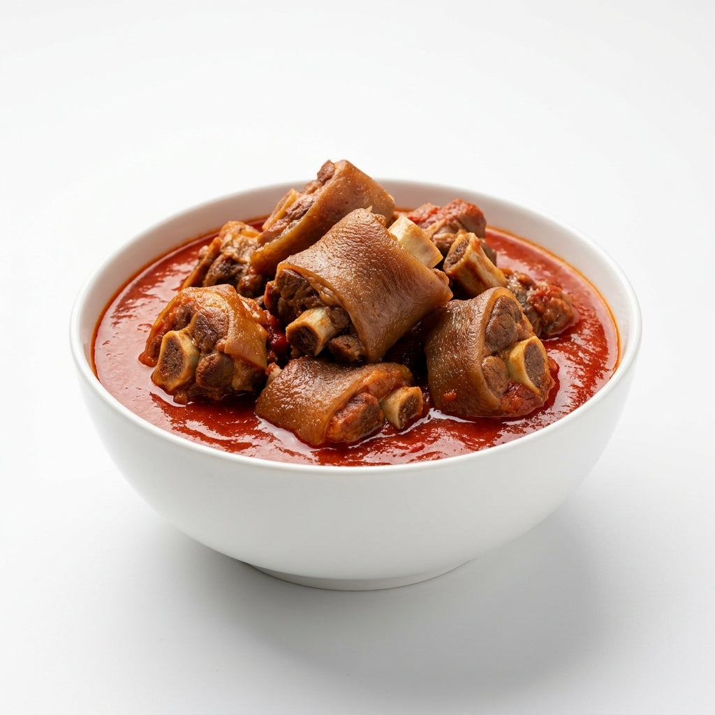 A white ceramic bowl filled with braised pork trotters in a rich red tomato-based sauce, set against a clean white background.