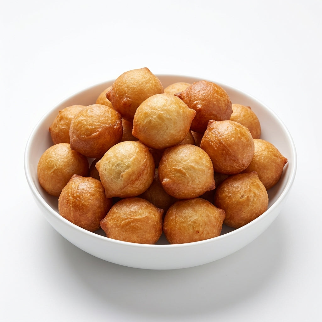 Golden-brown fried dough balls, commonly known as mochi or fried fritters, piled in a white ceramic bowl on a clean white background.