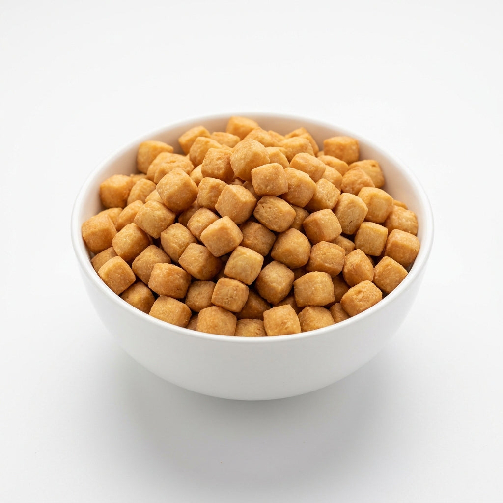 A white ceramic bowl filled with small golden-brown cube-shaped snack pieces, photographed on a clean white background.
