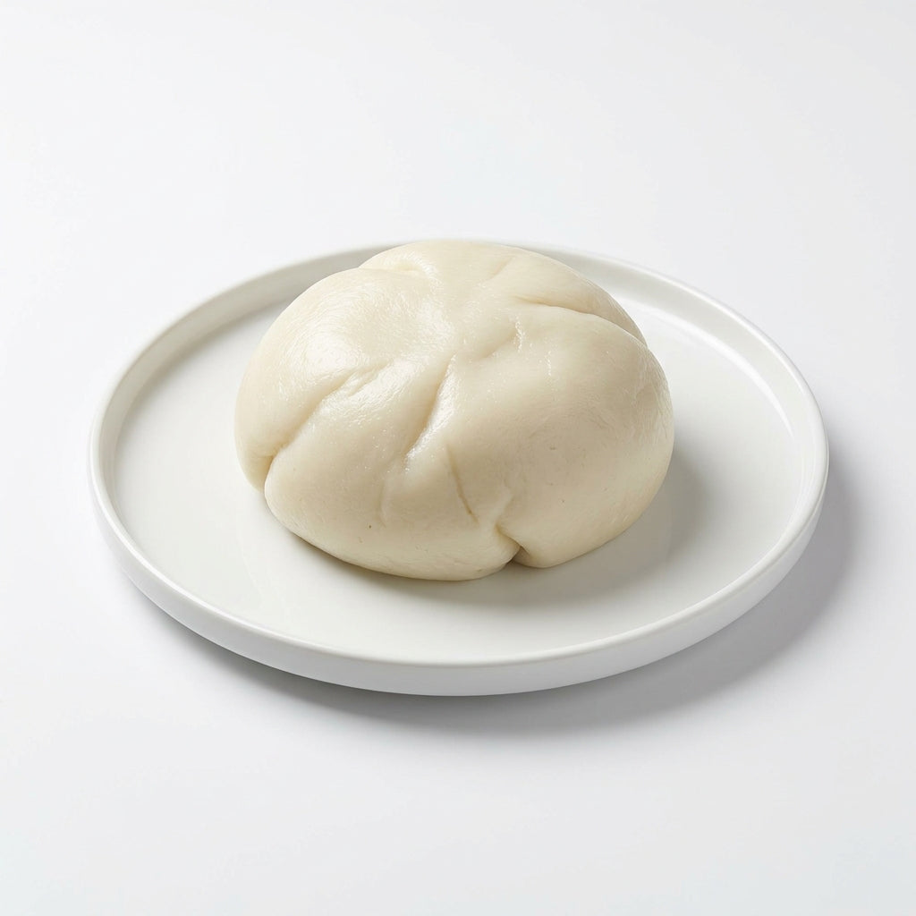 A steamed bun or baozi dumpling on a round white ceramic plate, set against a clean white background.